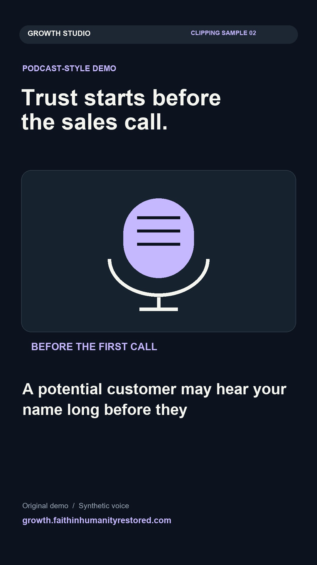 Original podcast-style demo: Trust starts before the sales call.
